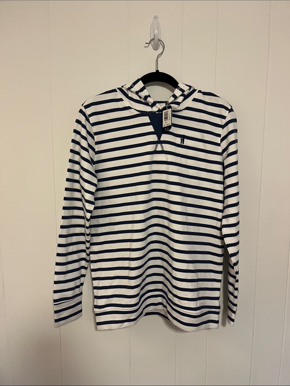 johnnie-O Navy and White Striped Hooded Long-Sleeve